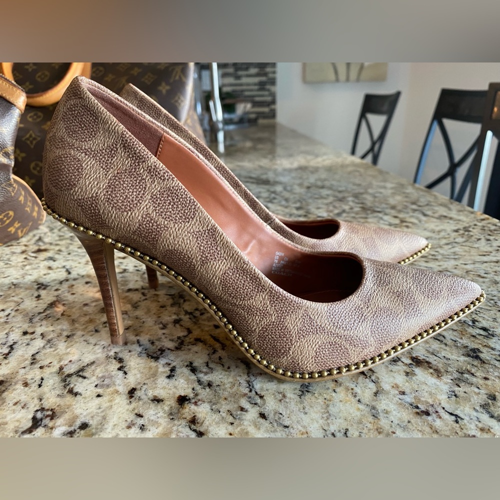 Coach Brown Studded Pointed-Toe Leather Pumps